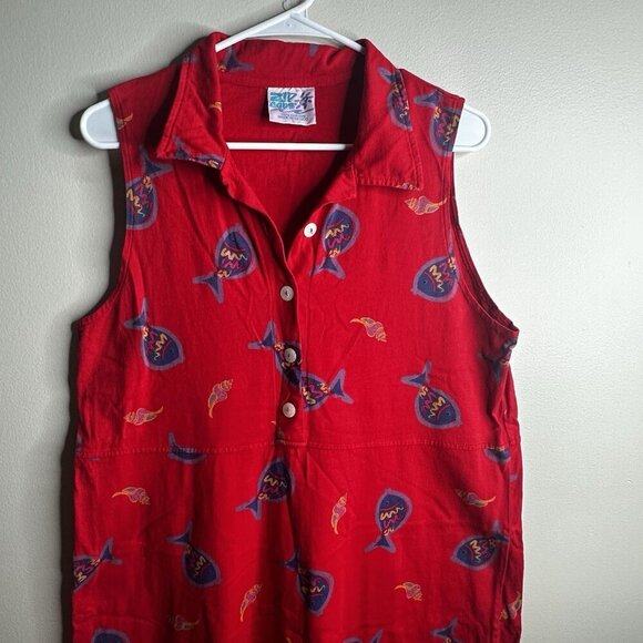Vintage 90's Zip Code Maxi Dress Tropical Fish Print Womens Large Red Hawaii - Picture 4 of 9